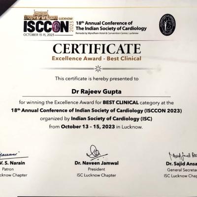 Certificate Excellence Award - Best Clinical Cardiology Dr. Rajeev Gupta